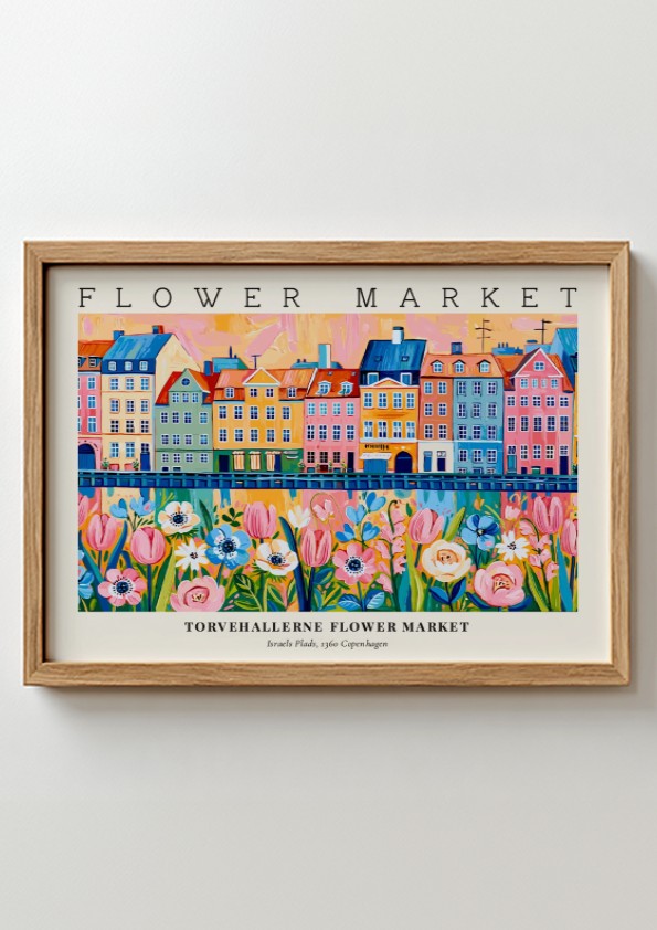 Copenhagen flower market poster featuring colorful buildings and flowers in vibrant style