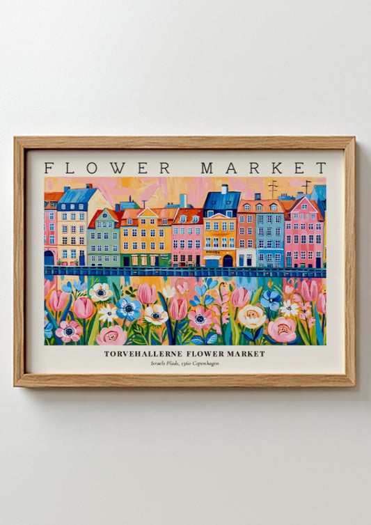 Copenhagen flower market poster featuring colorful buildings and flowers in vibrant style