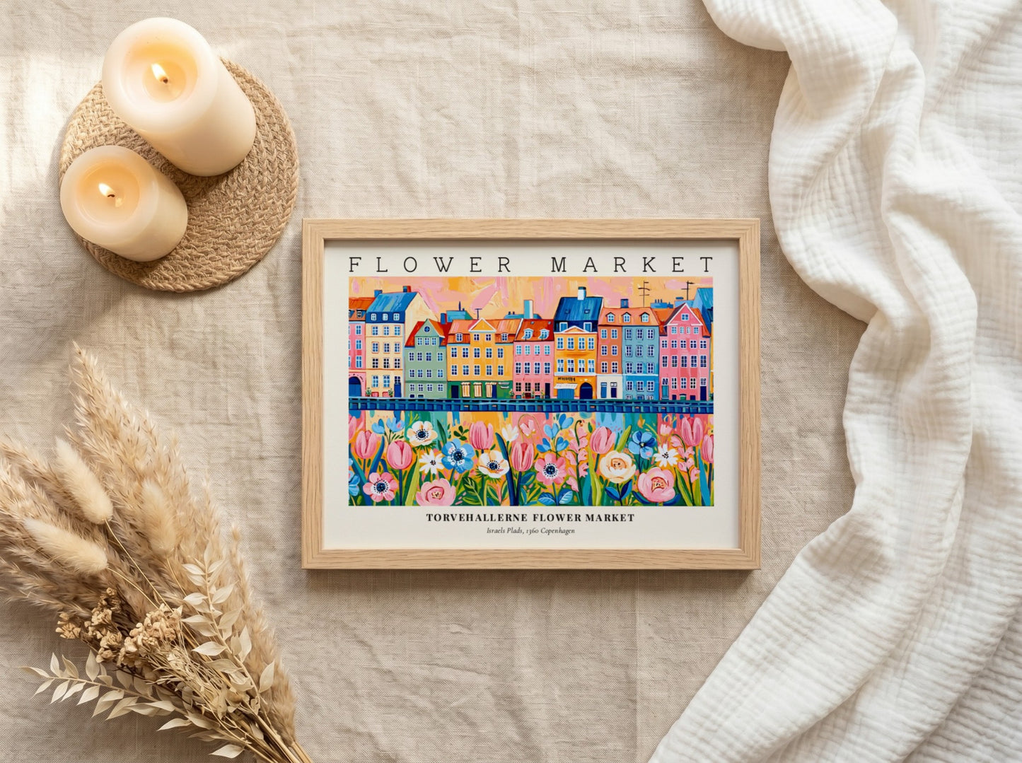 Copenhagen flower market poster featuring colorful buildings and flowers in vibrant style