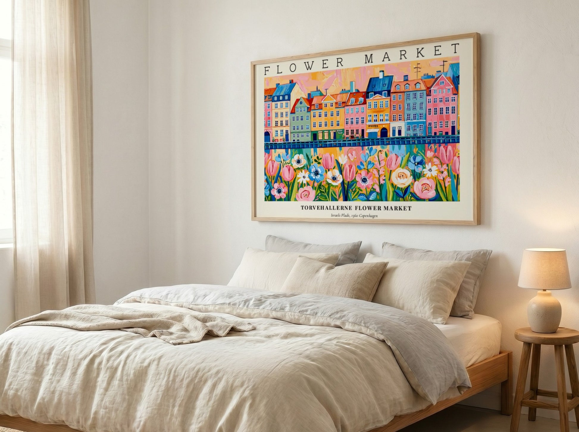 Flower market poster featuring colorful tulips and buildings in vibrant hues