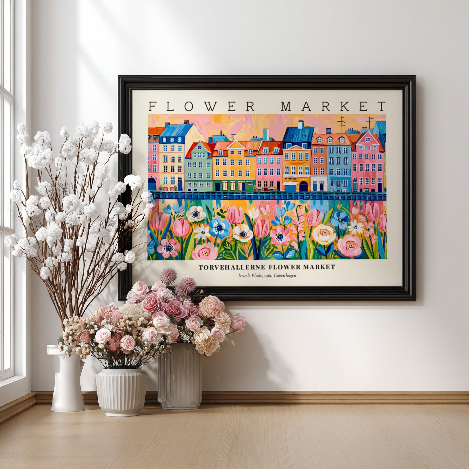 Copenhagen flower market poster featuring colorful buildings and flowers in vibrant style