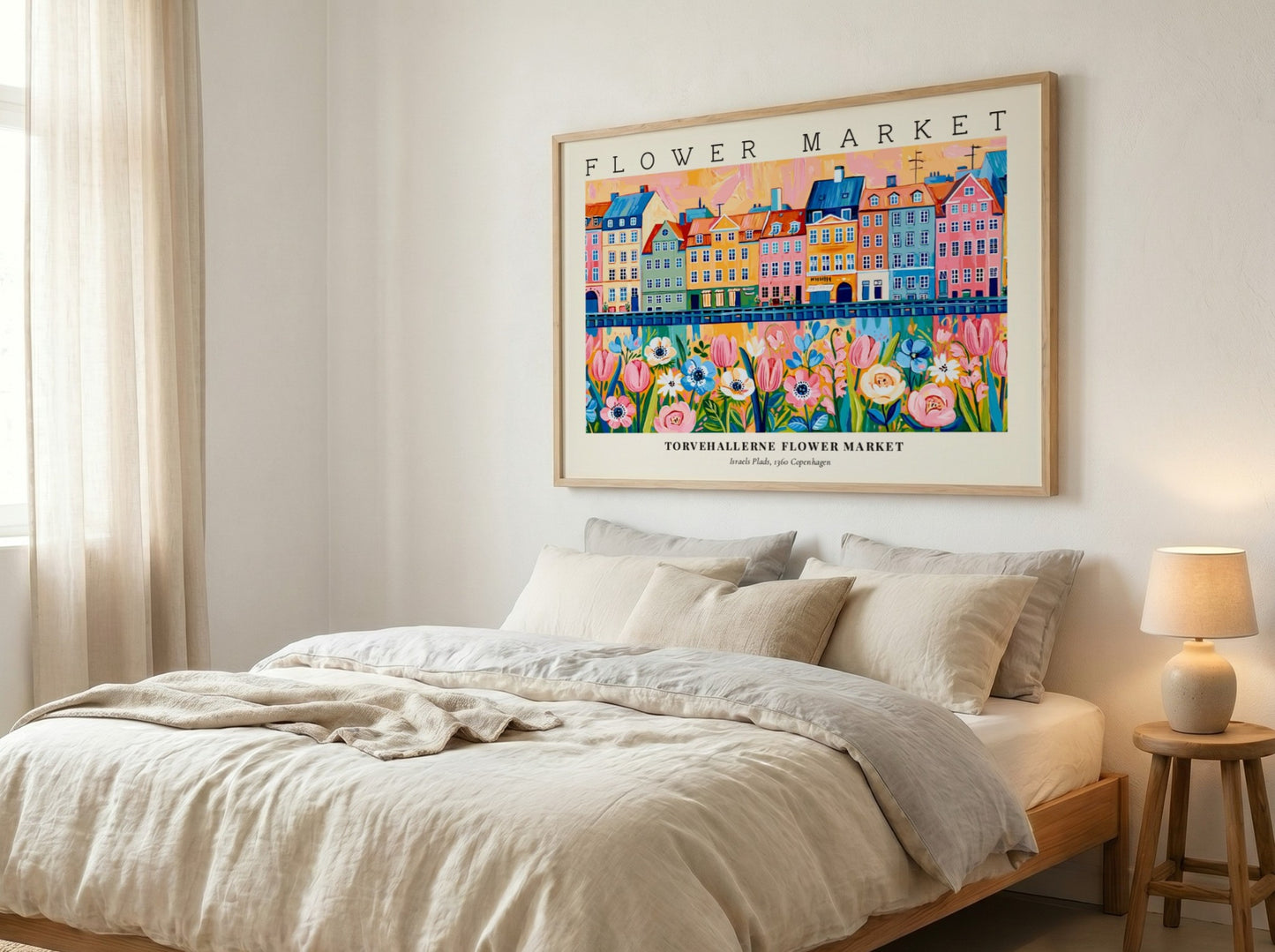 Copenhagen flower market poster featuring colorful buildings and flowers in vibrant style