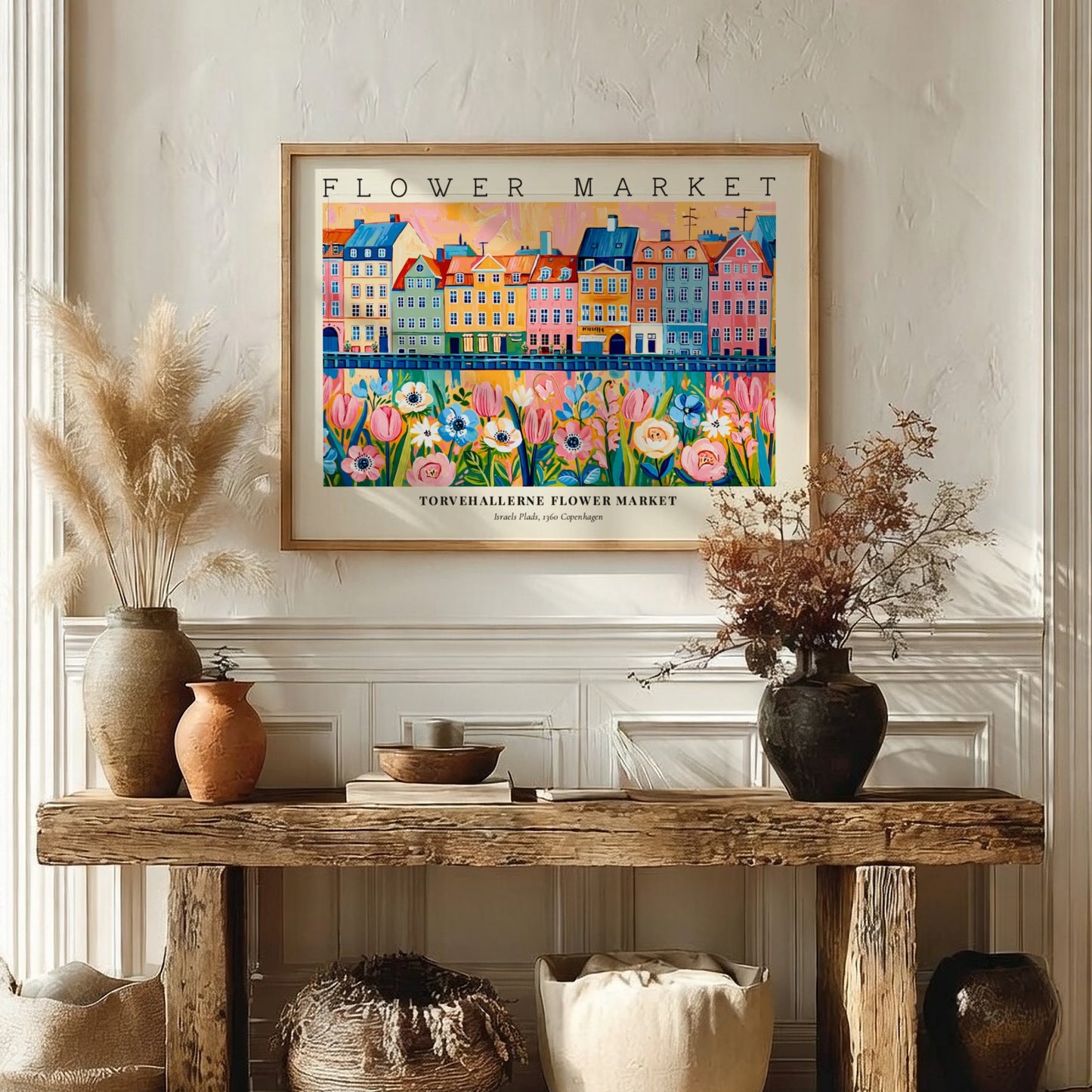 Copenhagen flower market poster featuring colorful buildings and flowers in vibrant style