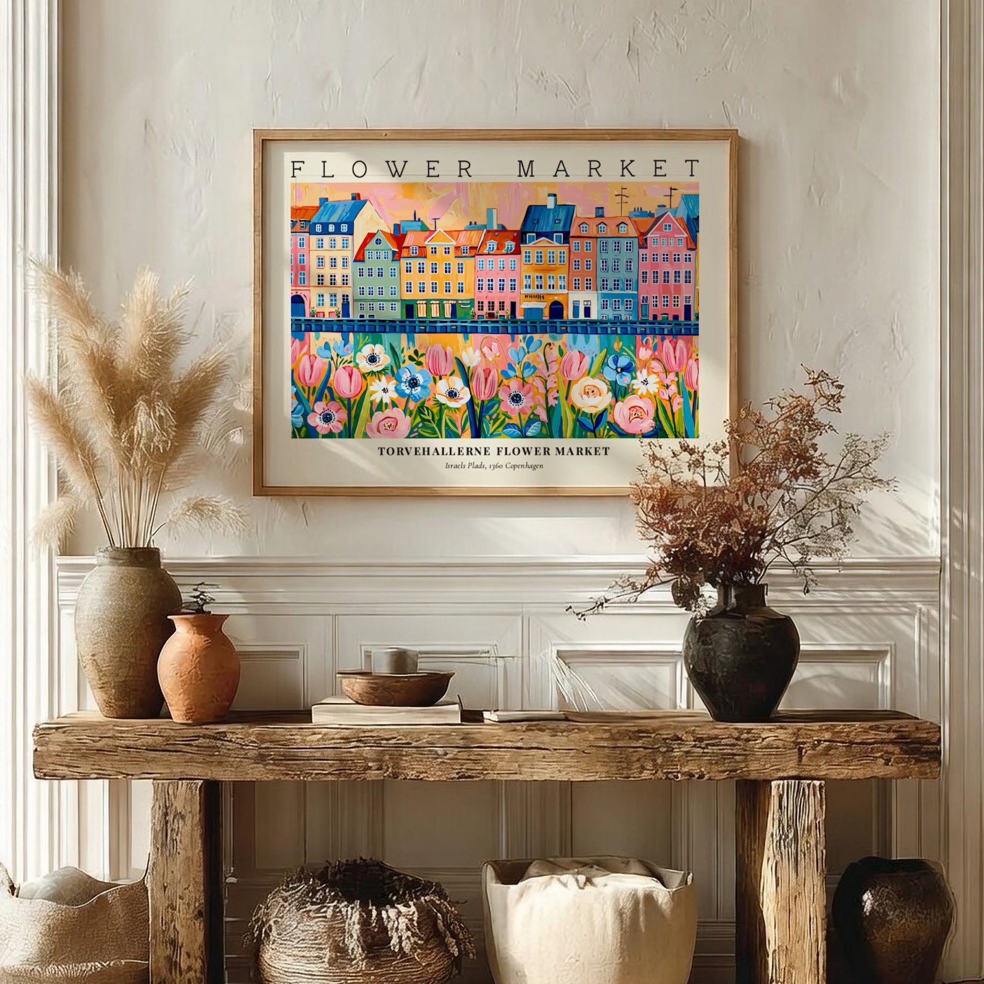 Copenhagen flower market poster featuring colorful buildings and flowers in vibrant style