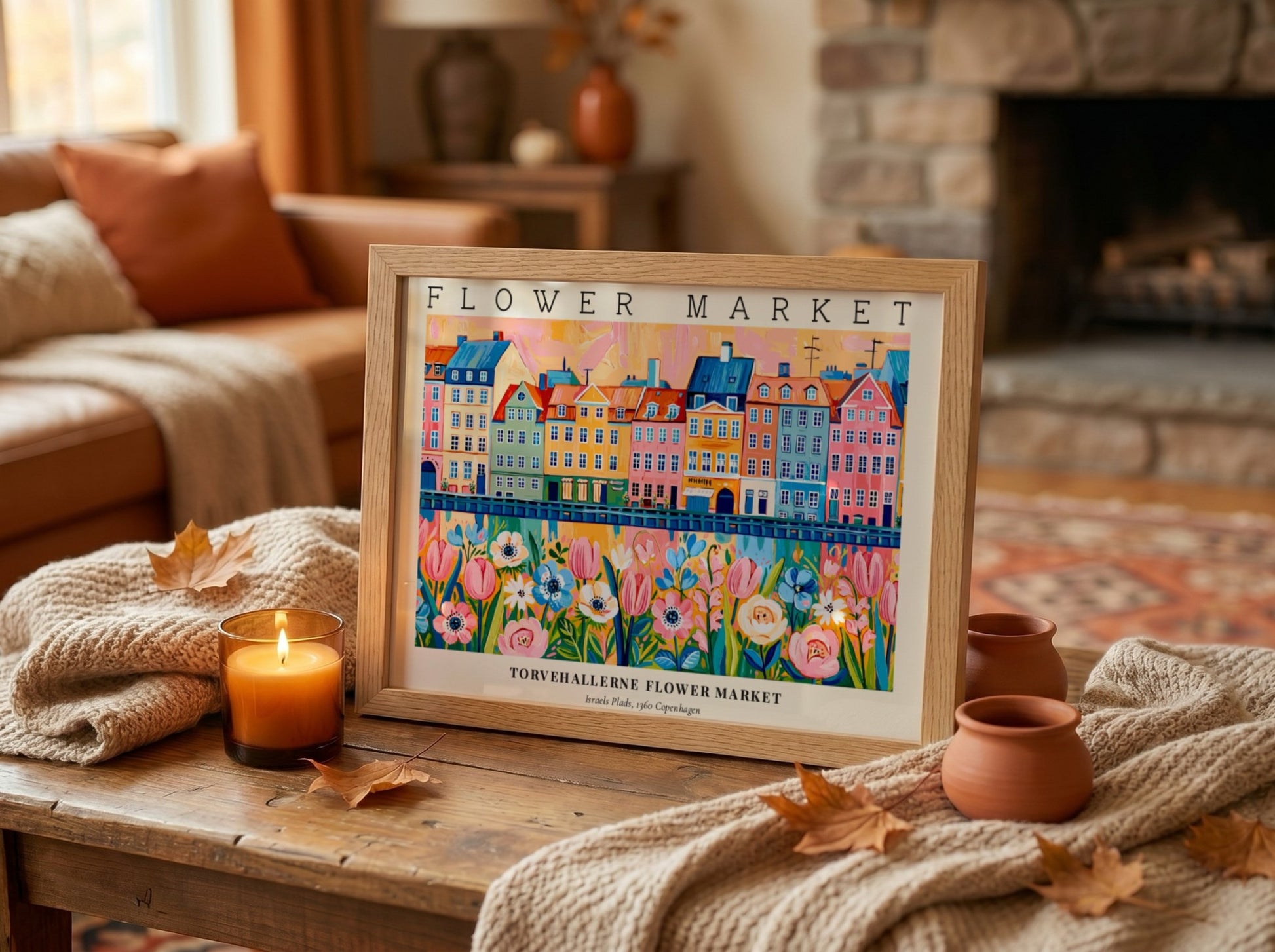 Flower market poster featuring colorful tulips and buildings in vibrant hues