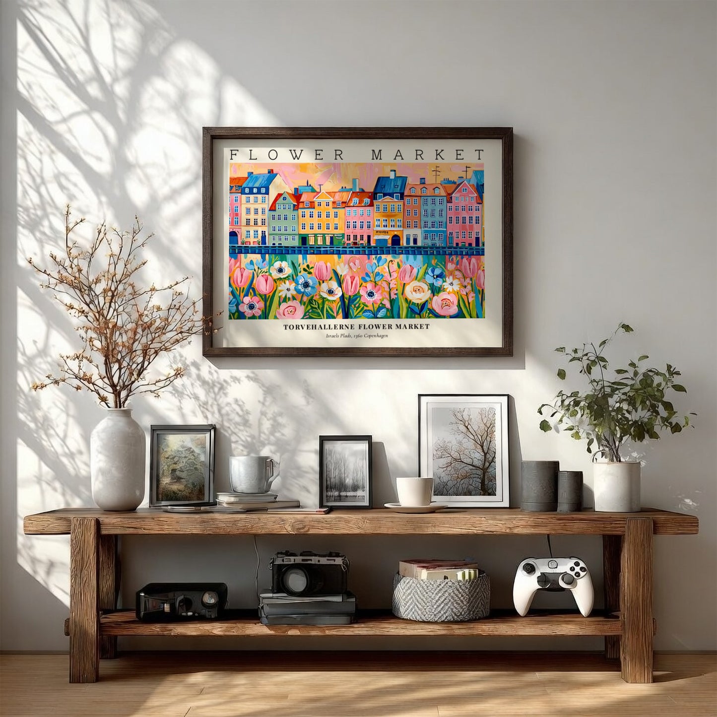 Copenhagen flower market poster featuring colorful buildings and flowers in vibrant style