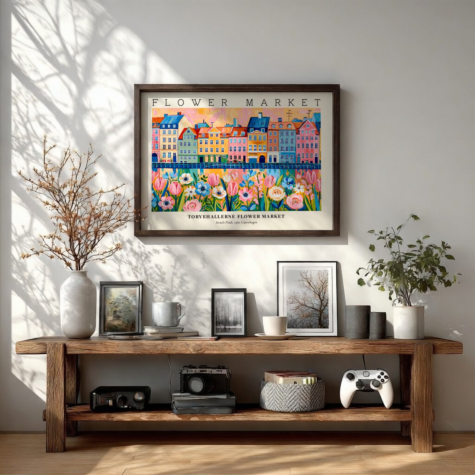 Copenhagen flower market poster featuring colorful buildings and flowers in vibrant style