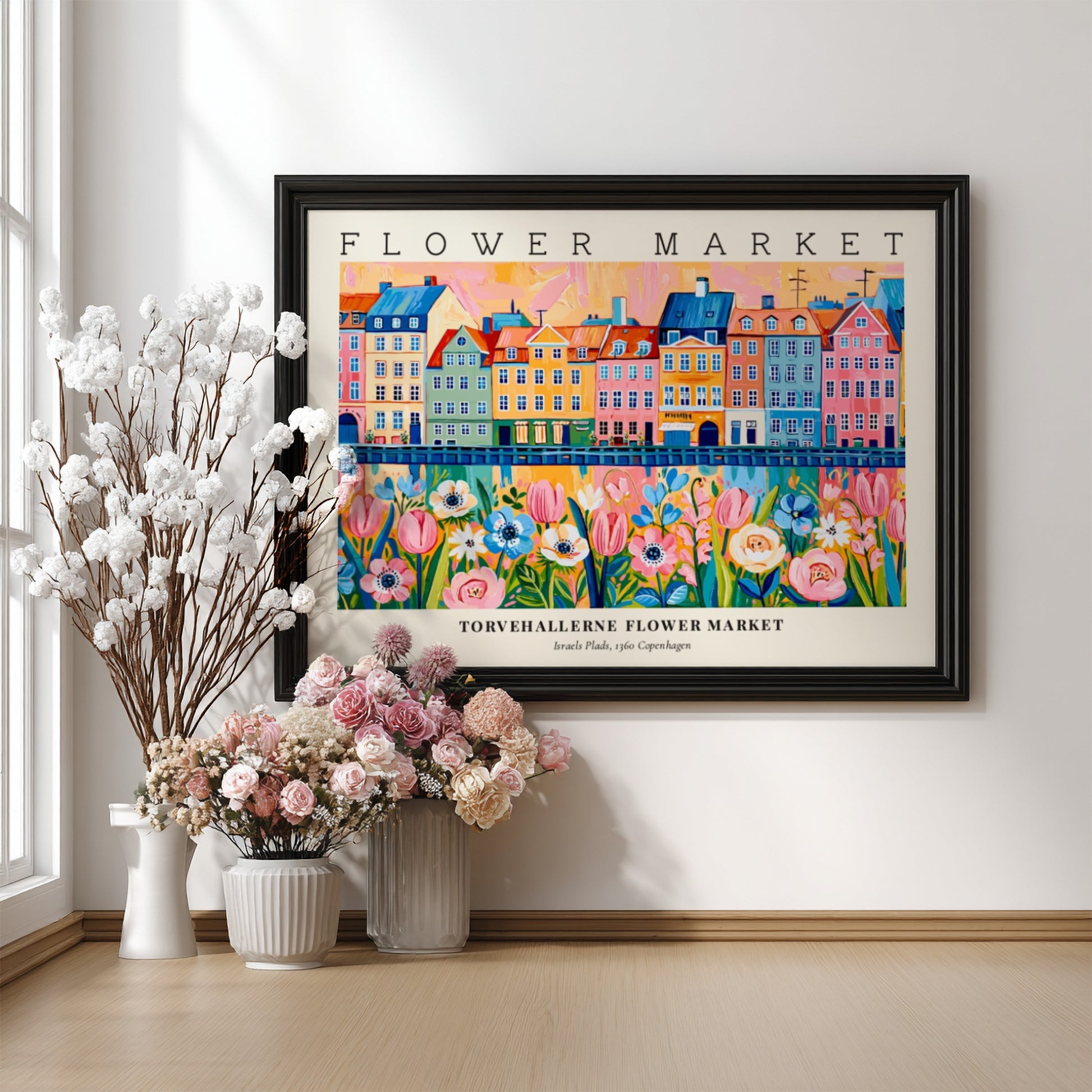 Flower market poster featuring colorful tulips and buildings in vibrant hues