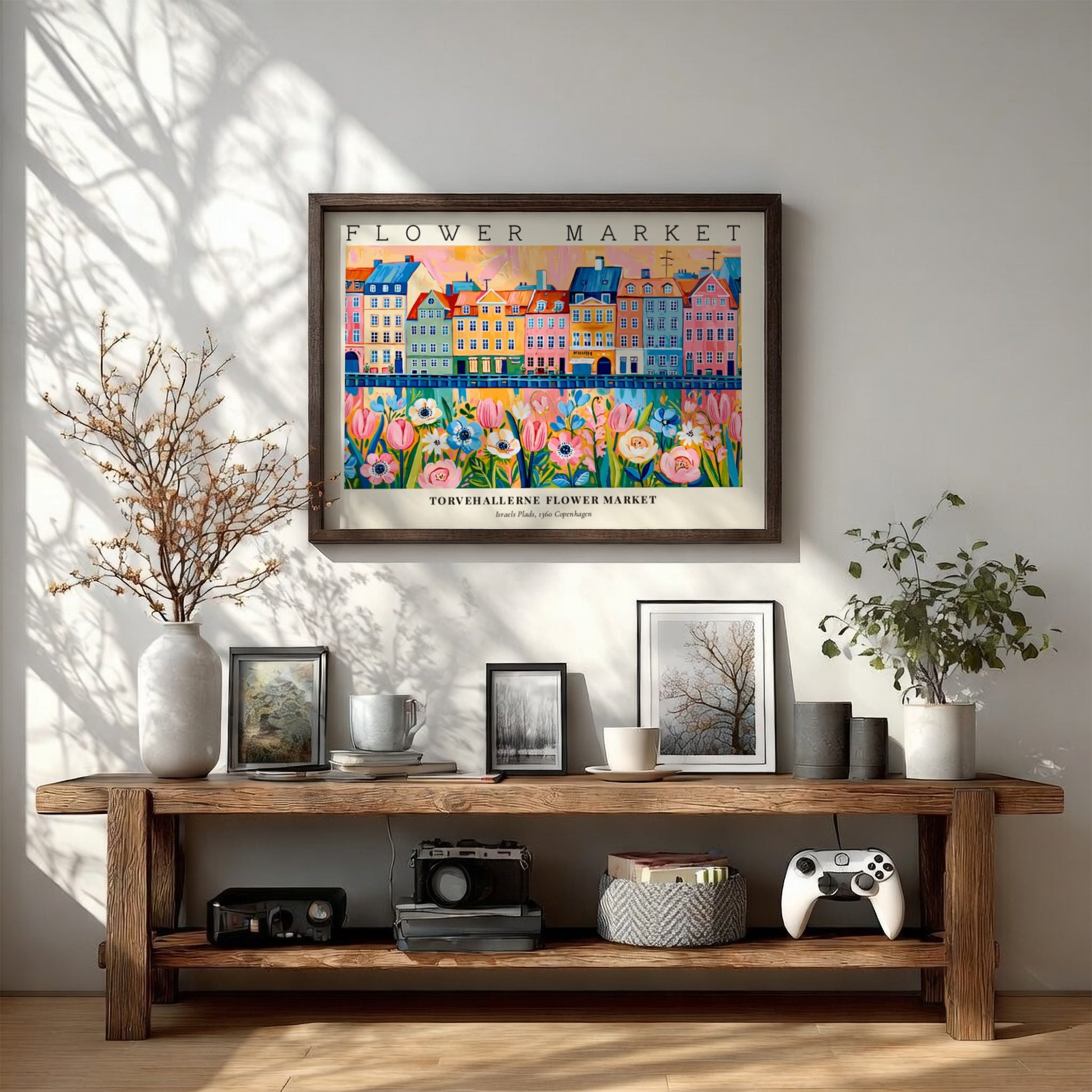 Flower market poster featuring colorful tulips and buildings in vibrant hues