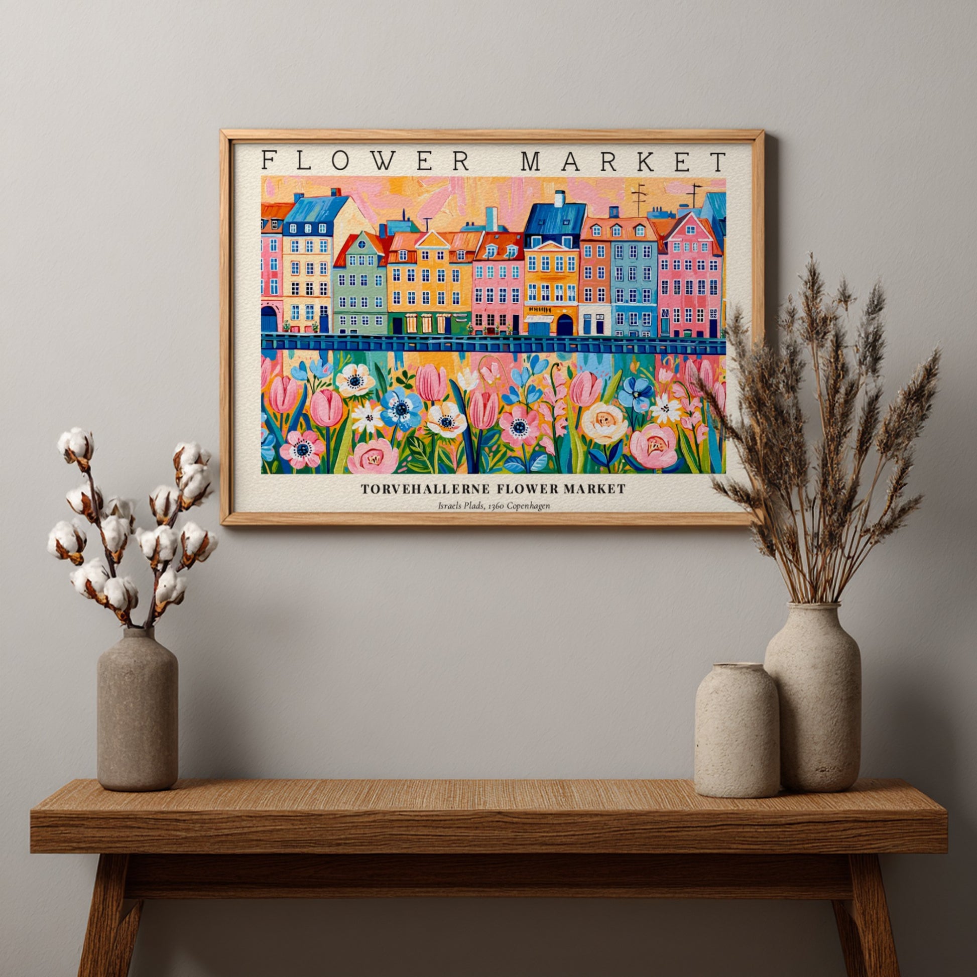 Flower market poster featuring colorful tulips and buildings in vibrant hues