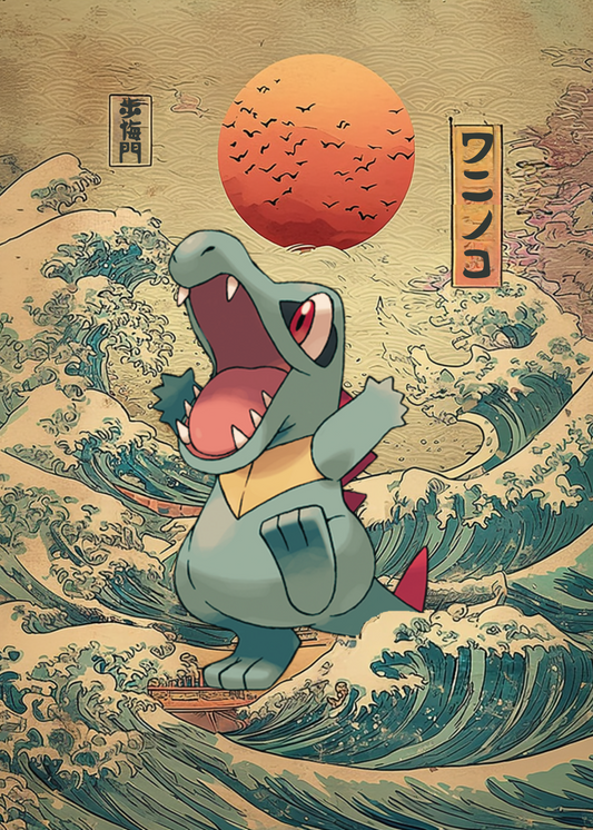 Totodile Pokemon character on a wave with a large sun in the background, inspired by Ukiyo-e art style.