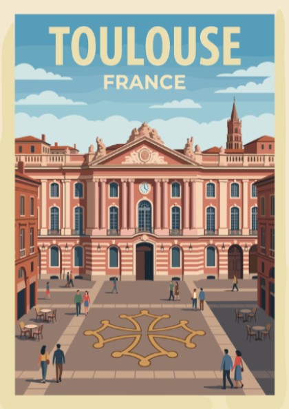 Poster of Toulouse France featuring historic pink buildings and a city square plaza.