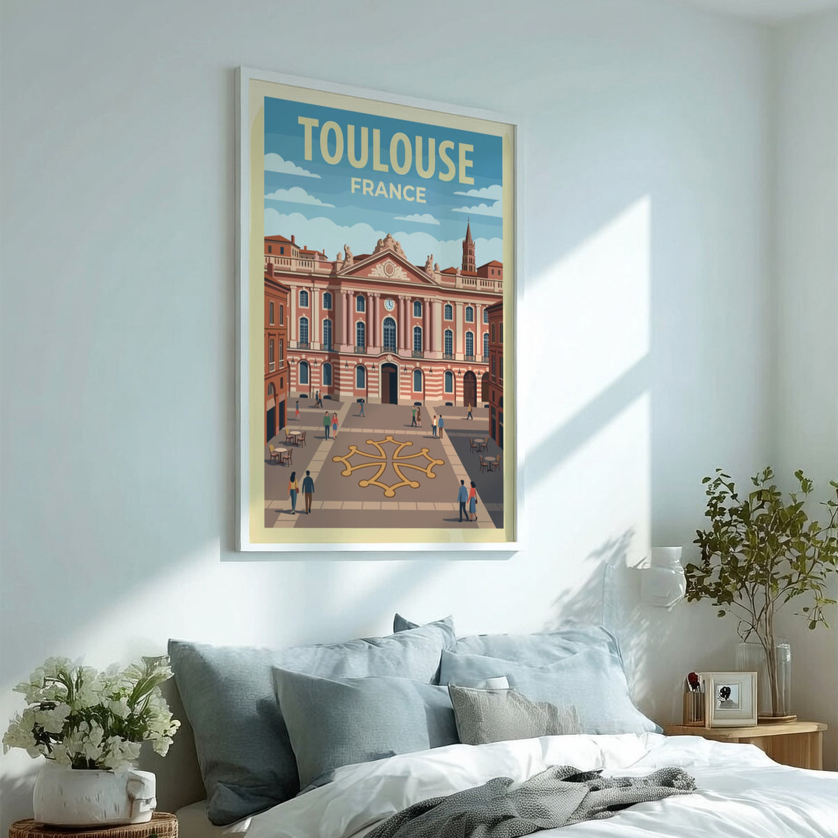 Poster of Toulouse France featuring historic pink buildings and a city square plaza.