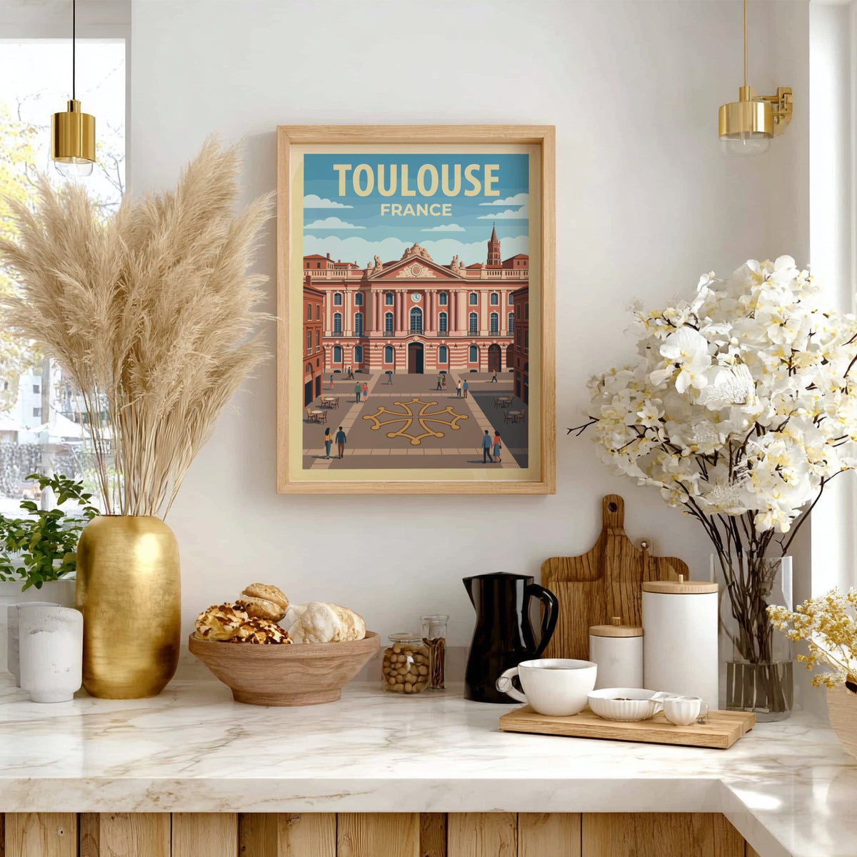 Poster of Toulouse France featuring historic pink buildings and a city square plaza.