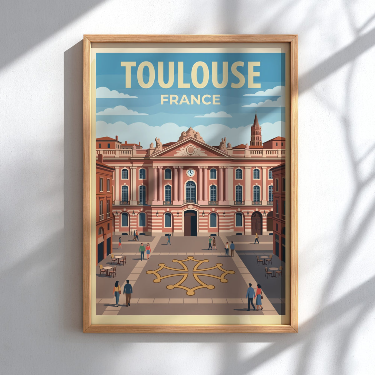 Poster of Toulouse France featuring historic pink buildings and a city square plaza.