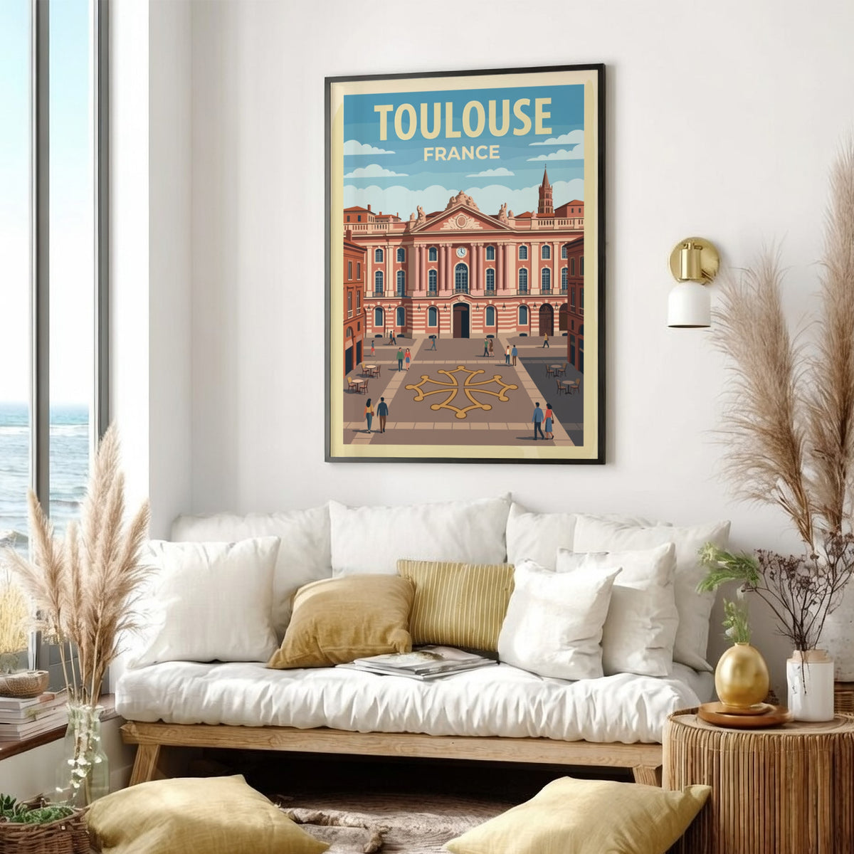 Poster of Toulouse France featuring historic pink buildings and a city square plaza.