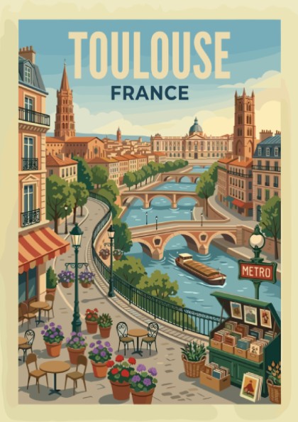 Toulouse France travel poster featuring a cityscape with a river, bridges, and buildings in a warm,
