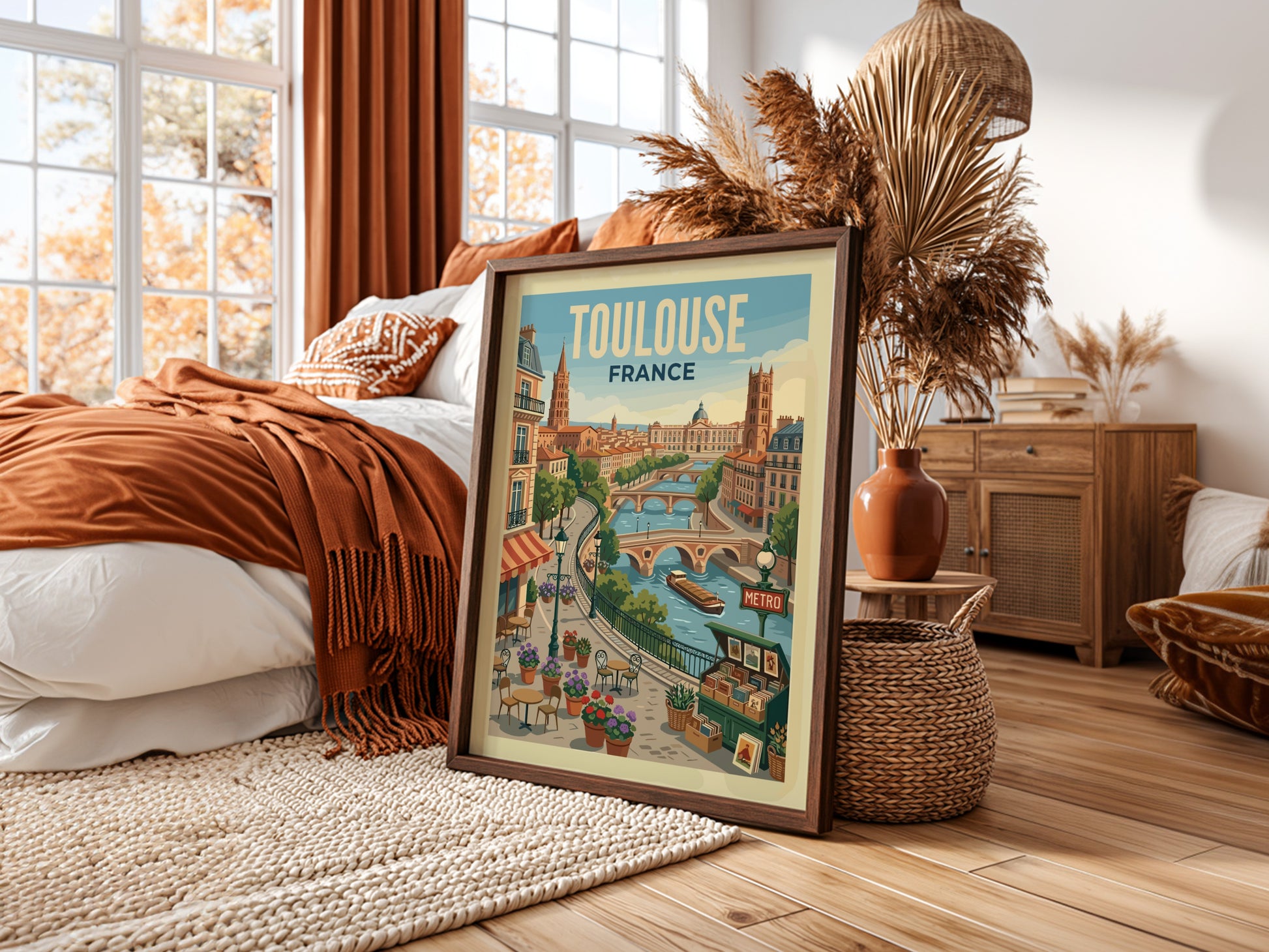 Toulouse France travel poster featuring a cityscape with a river, bridges, and buildings in a warm,