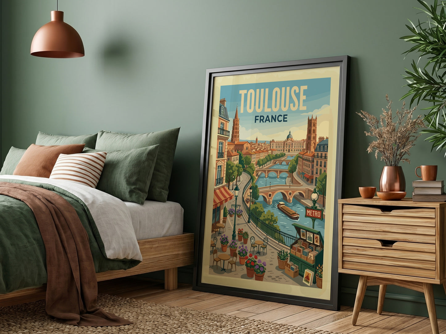 Toulouse France travel poster featuring a cityscape with a river, bridges, and buildings in a warm,