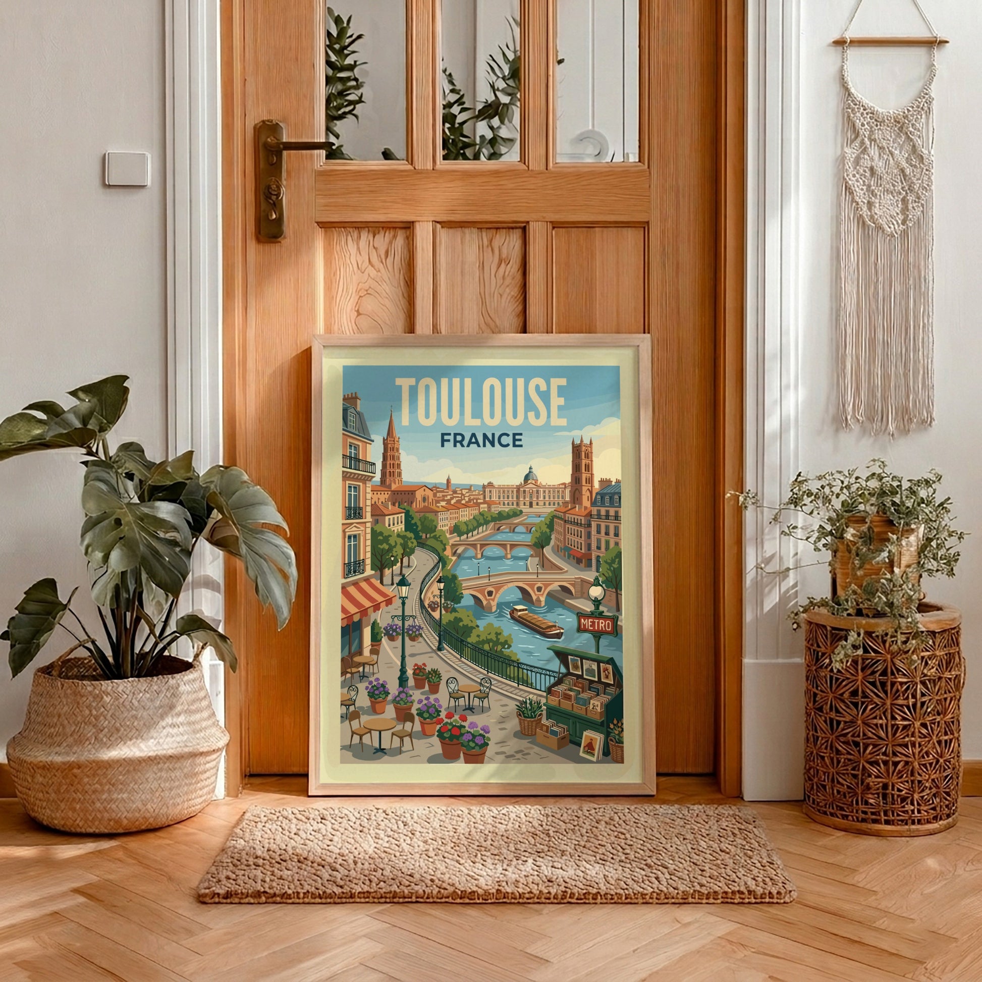 Toulouse France travel poster featuring a cityscape with a river, bridges, and buildings in a warm,