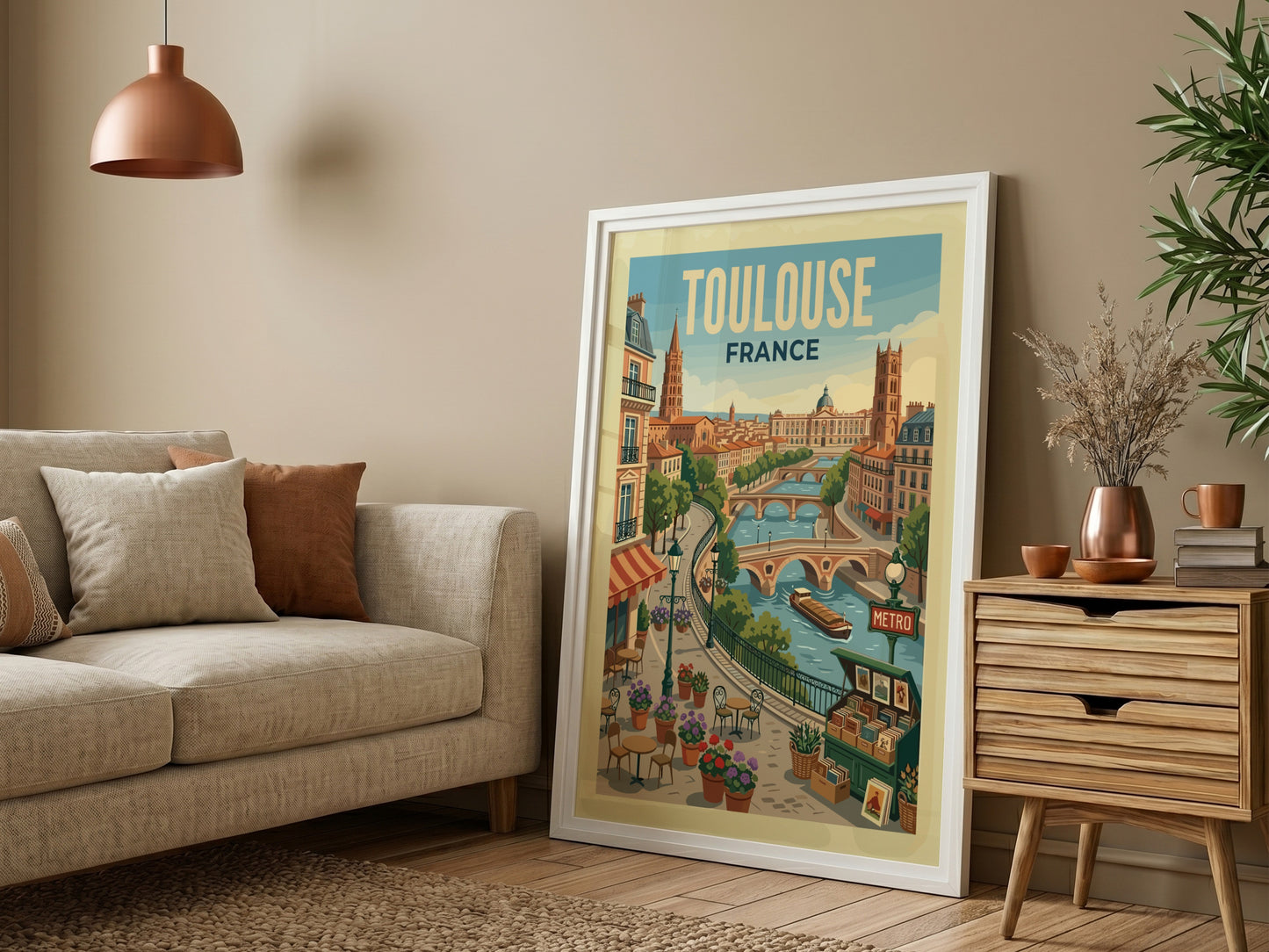 Toulouse France travel poster featuring a cityscape with a river, bridges, and buildings in a warm,