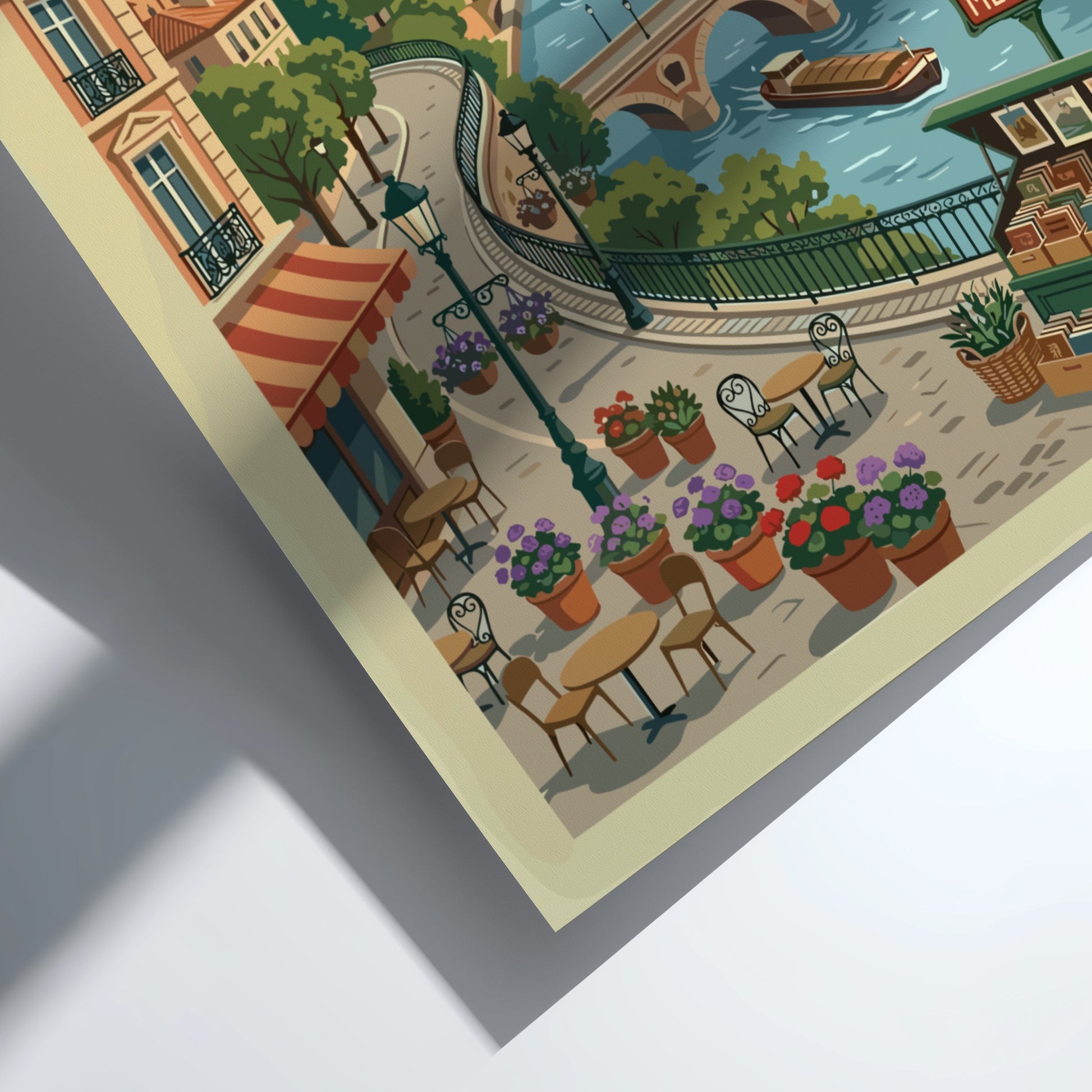Toulouse France travel poster featuring a cityscape with a river, bridges, and buildings in a warm,