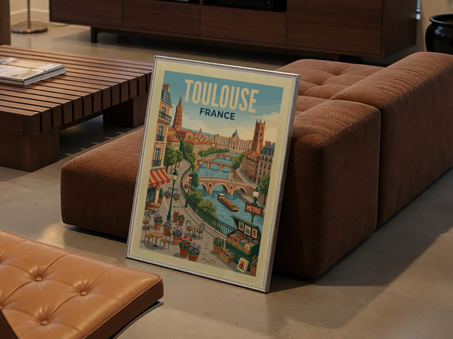 Toulouse France travel poster featuring a cityscape with a river, bridges, and buildings in a warm,