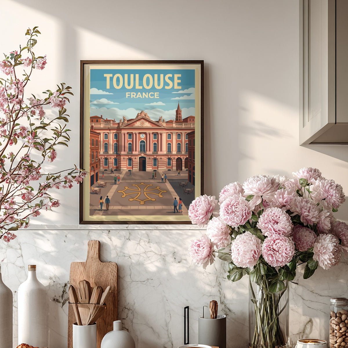 Poster of Toulouse France featuring historic pink buildings and a city square plaza.