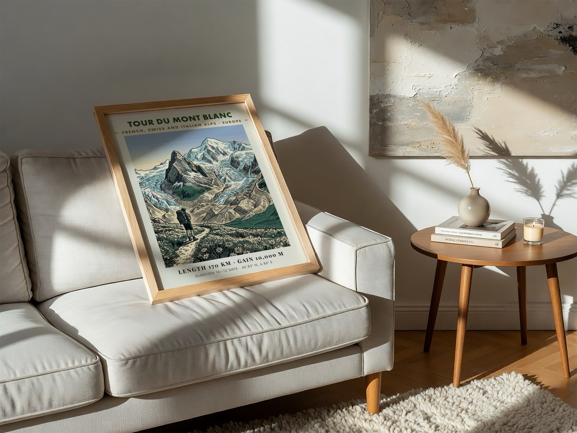 Poster featuring a hiker on a trail with blue mountains and green meadows