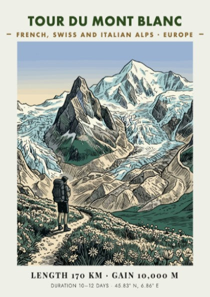 Poster featuring a hiker on a trail with blue mountains and green meadows