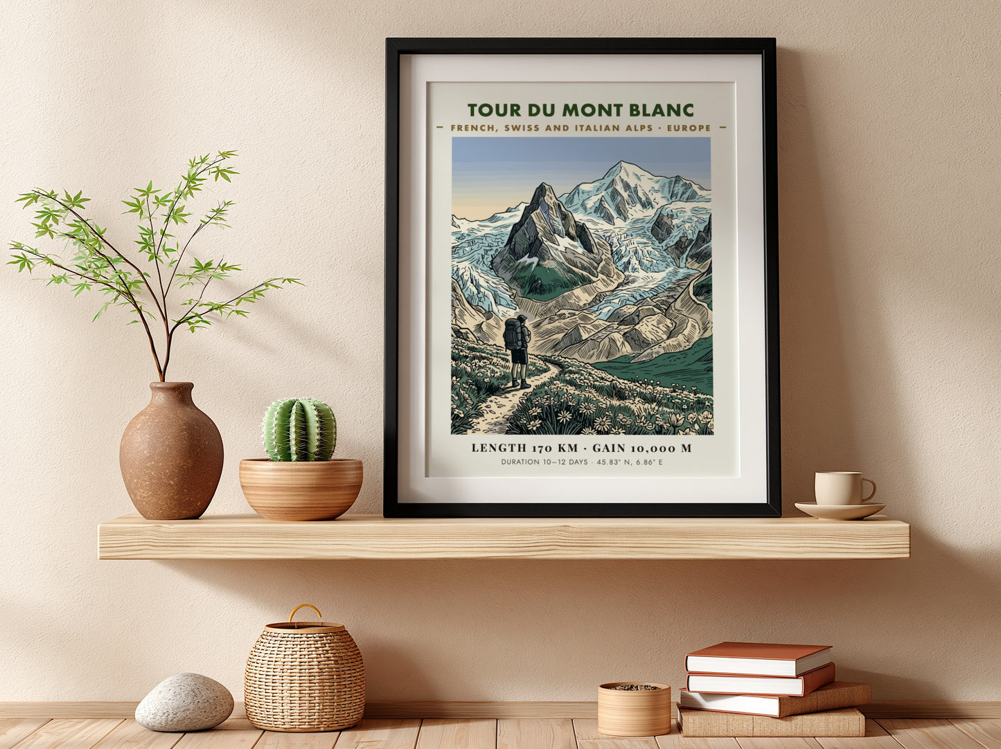 Poster featuring a hiker on a trail with blue mountains and green meadows