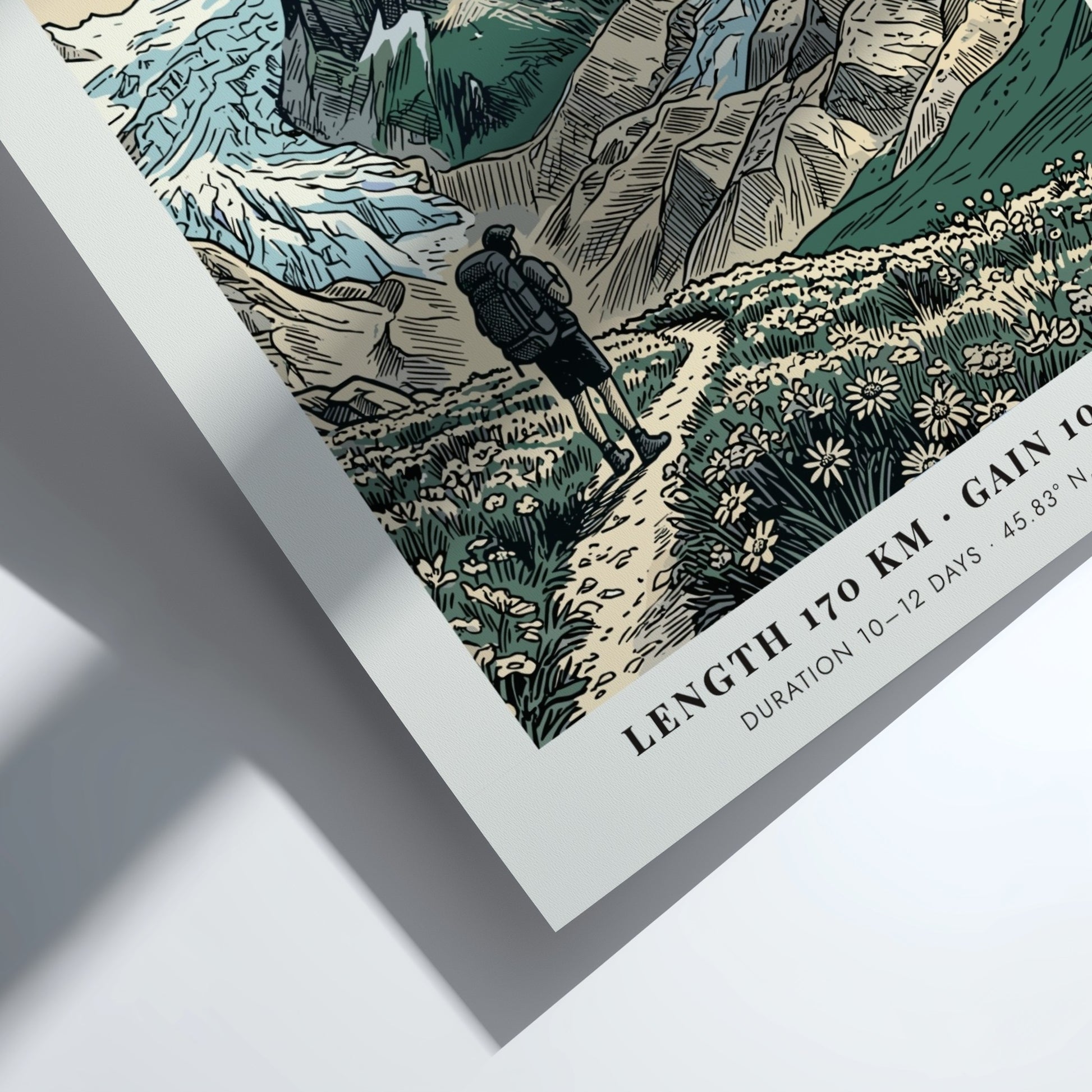 Poster featuring a hiker on a trail with blue mountains and green meadows