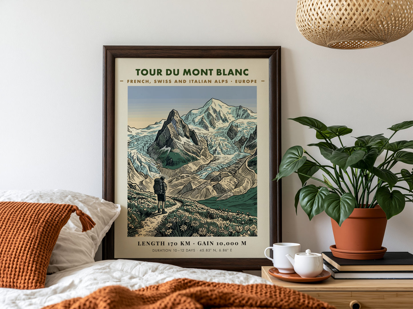 Poster featuring a hiker on a trail with blue mountains and green meadows