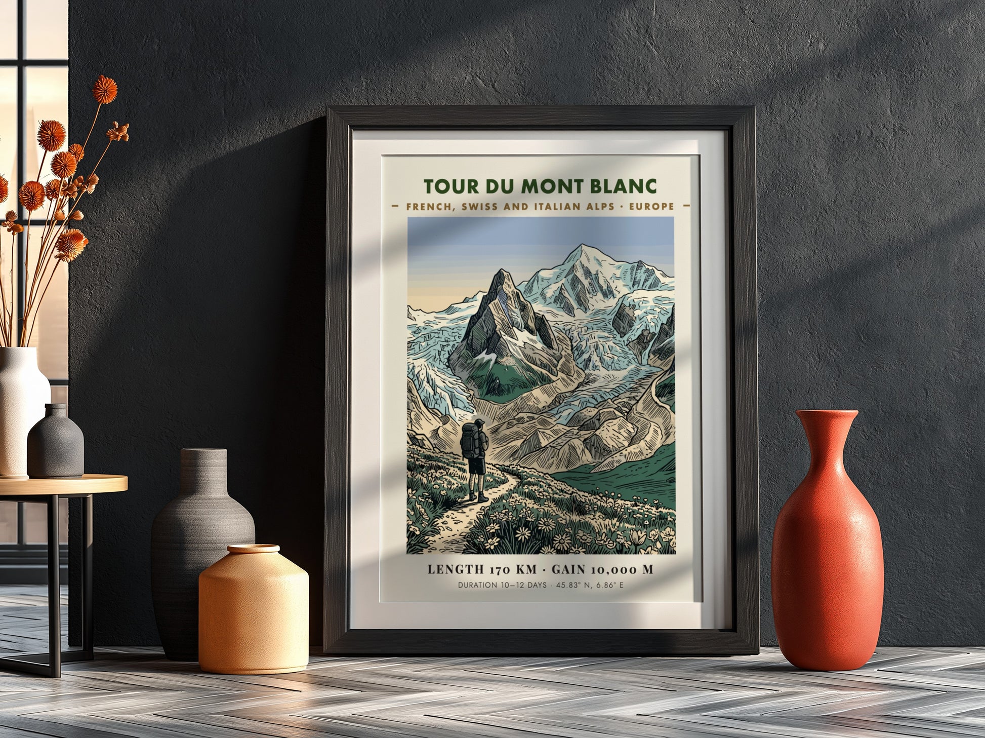 Poster featuring a hiker on a trail with blue mountains and green meadows