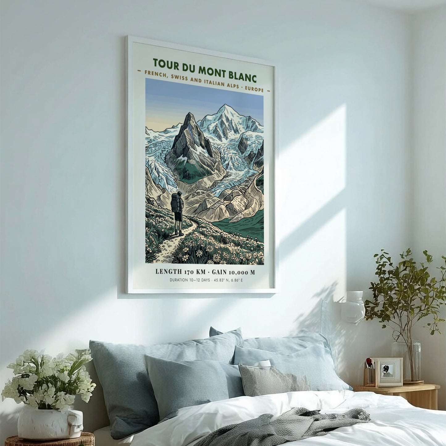 Poster featuring a hiker on a trail with blue mountains and green meadows