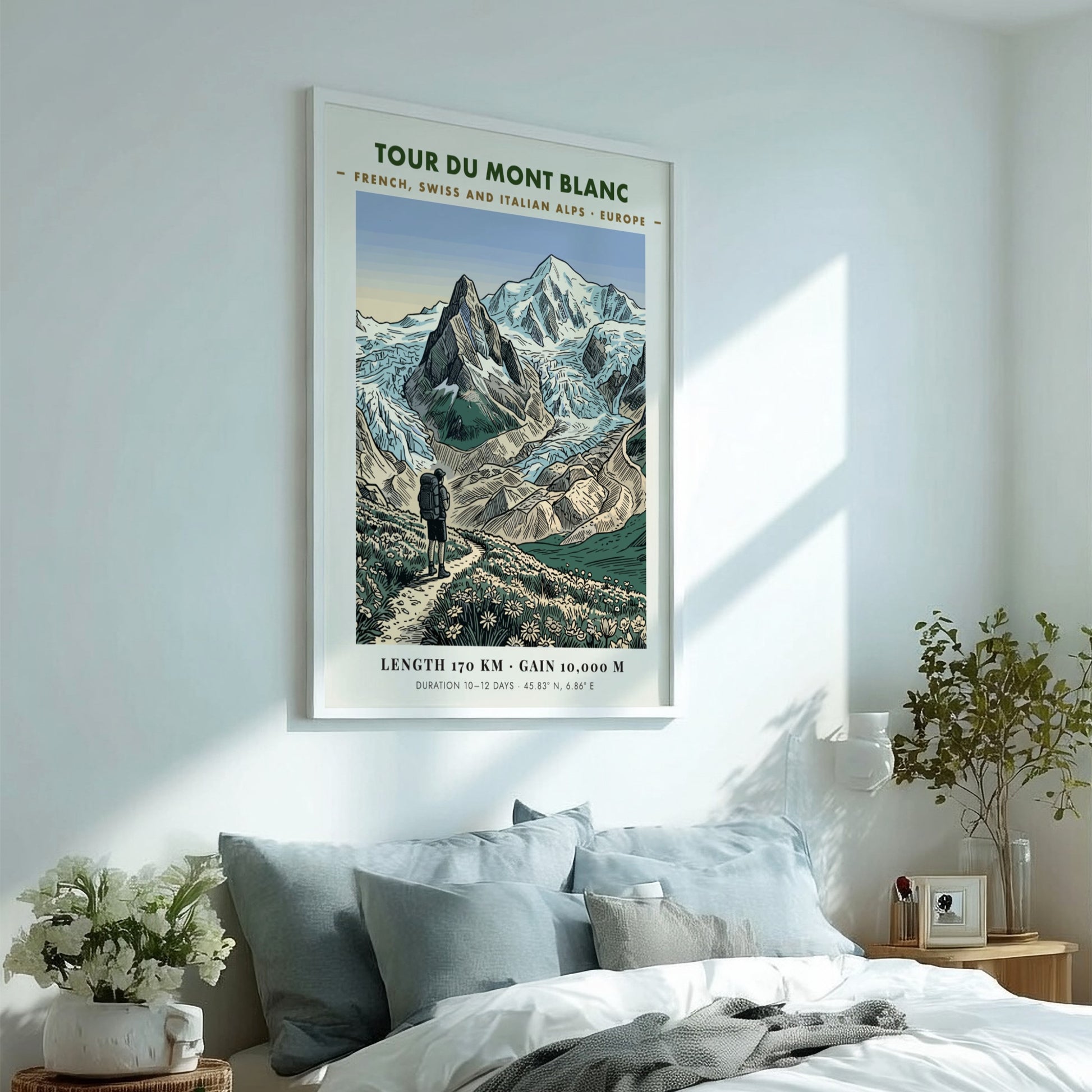 Poster featuring a hiker on a trail with blue mountains and green meadows