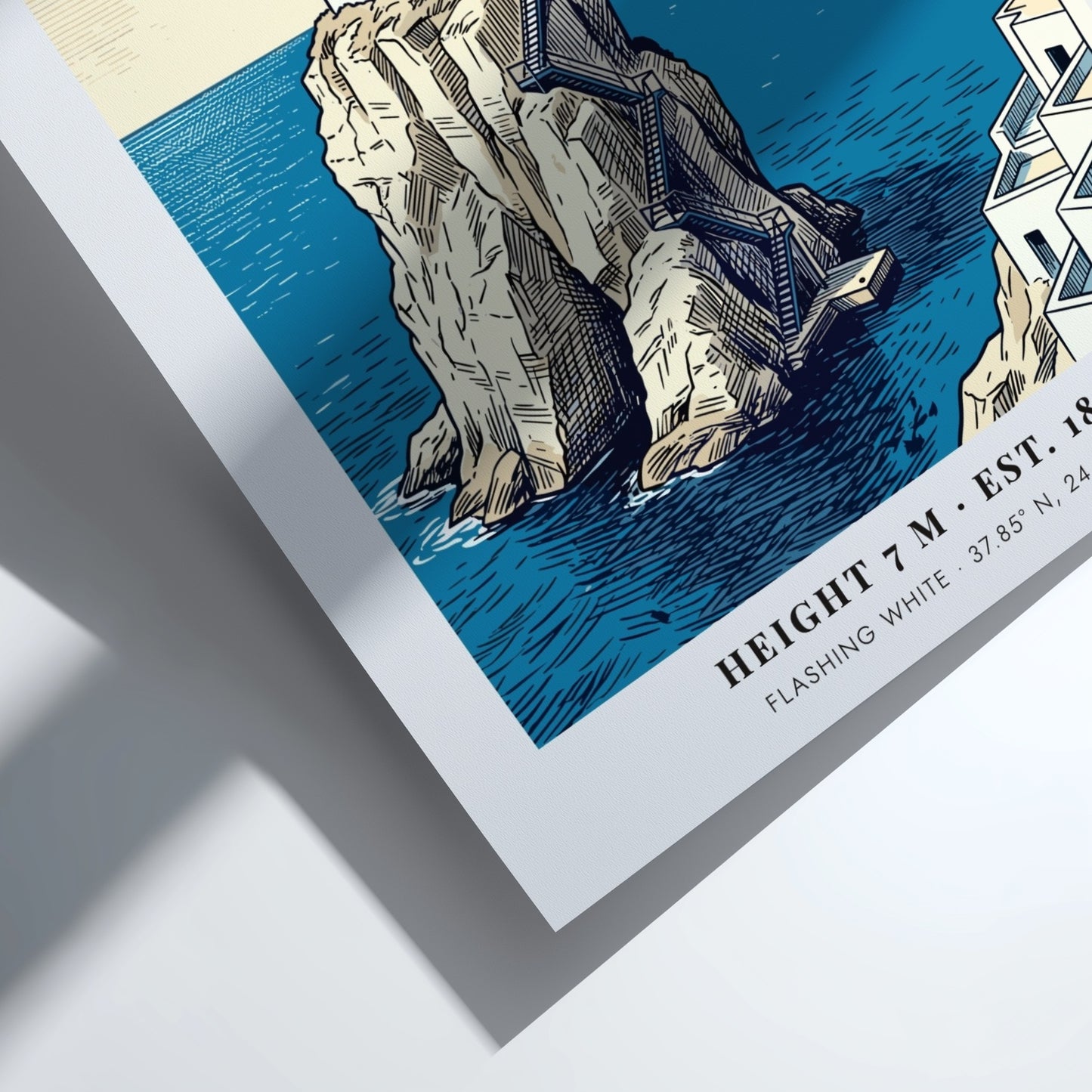 Poster of Tourlitis Lighthouse on a rocky outcrop in Andros Greece with buildings