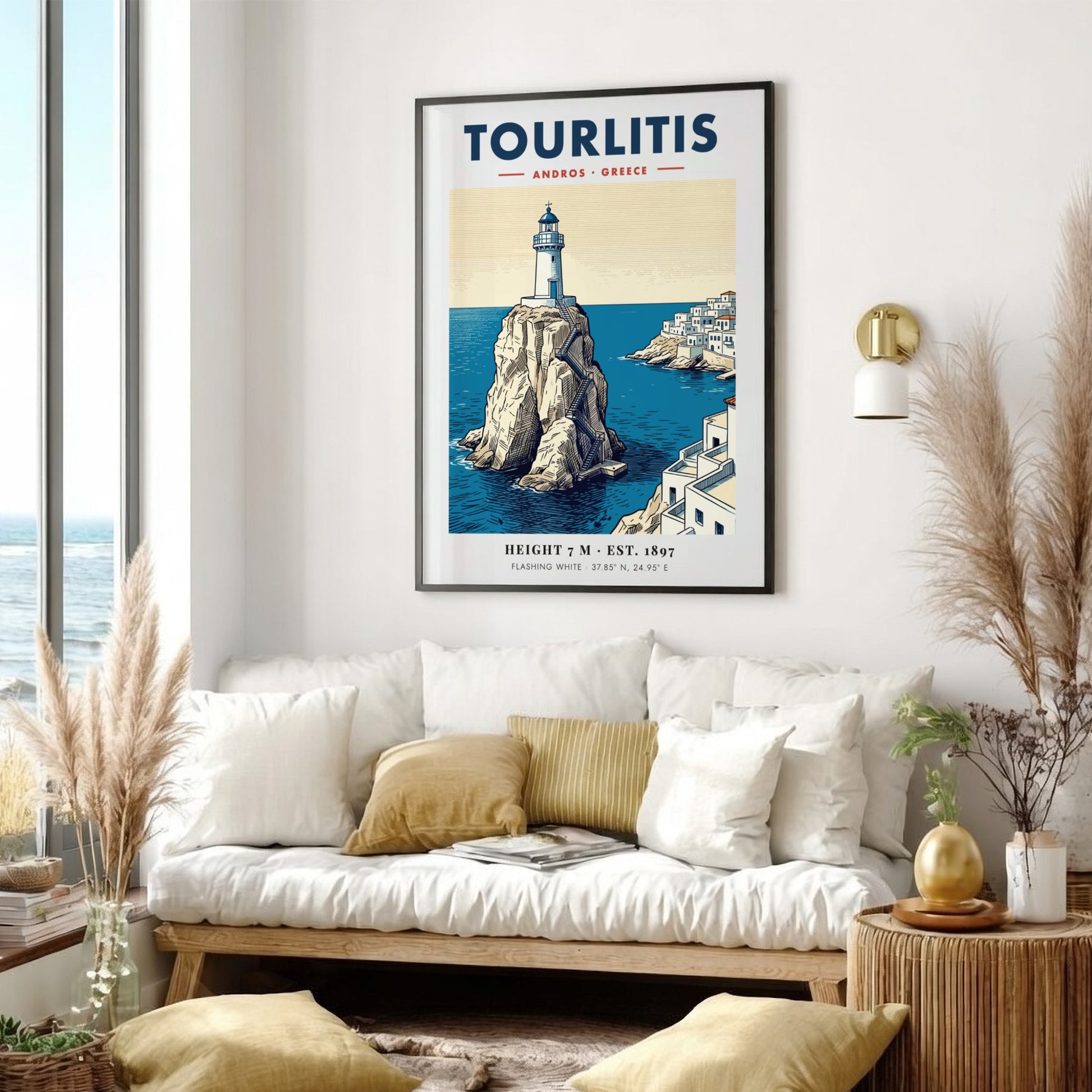 Poster of Tourlitis Lighthouse on a rocky outcrop in Andros Greece with buildings
