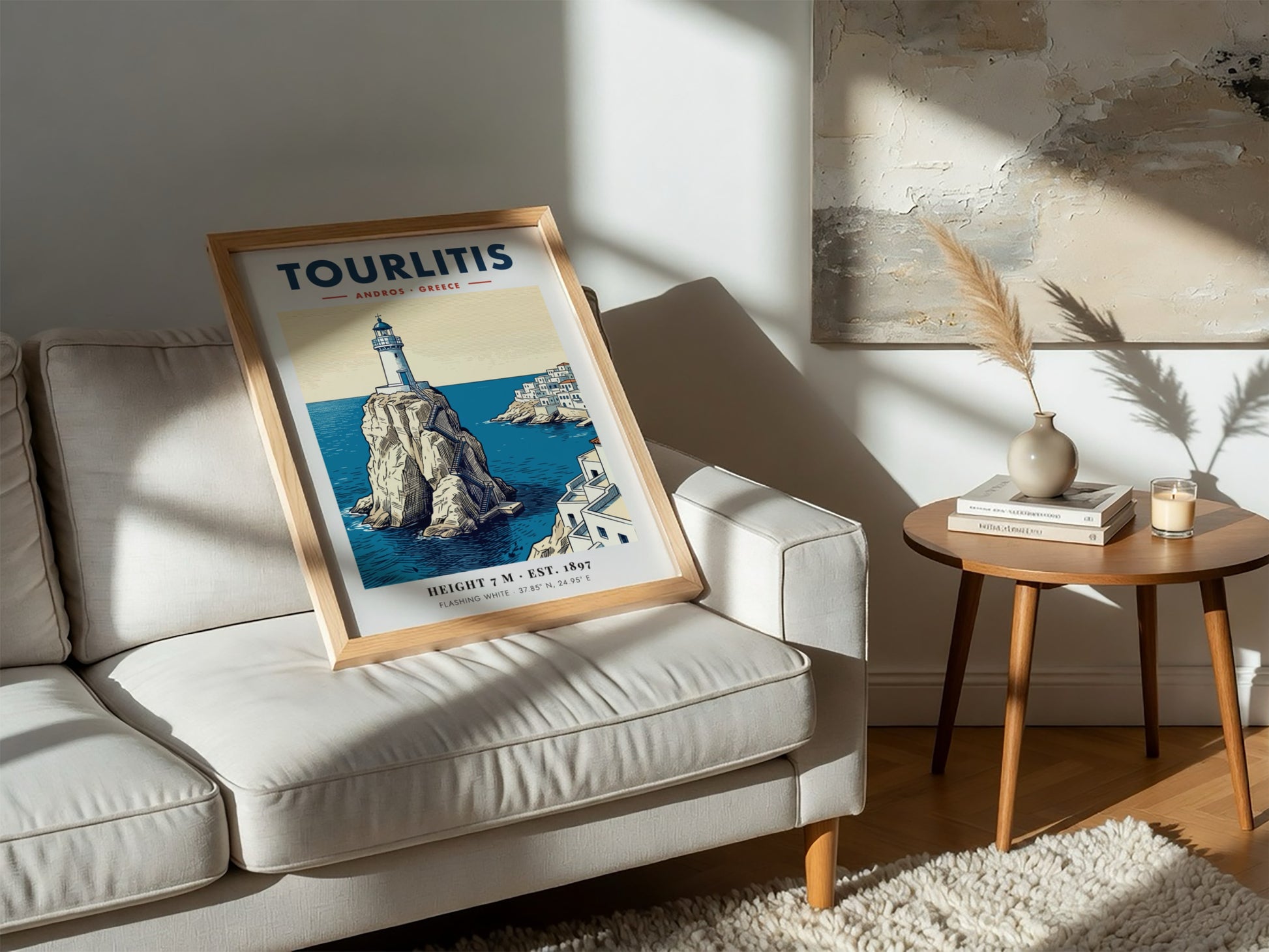 Poster of Tourlitis Lighthouse on a rocky outcrop in Andros Greece with buildings