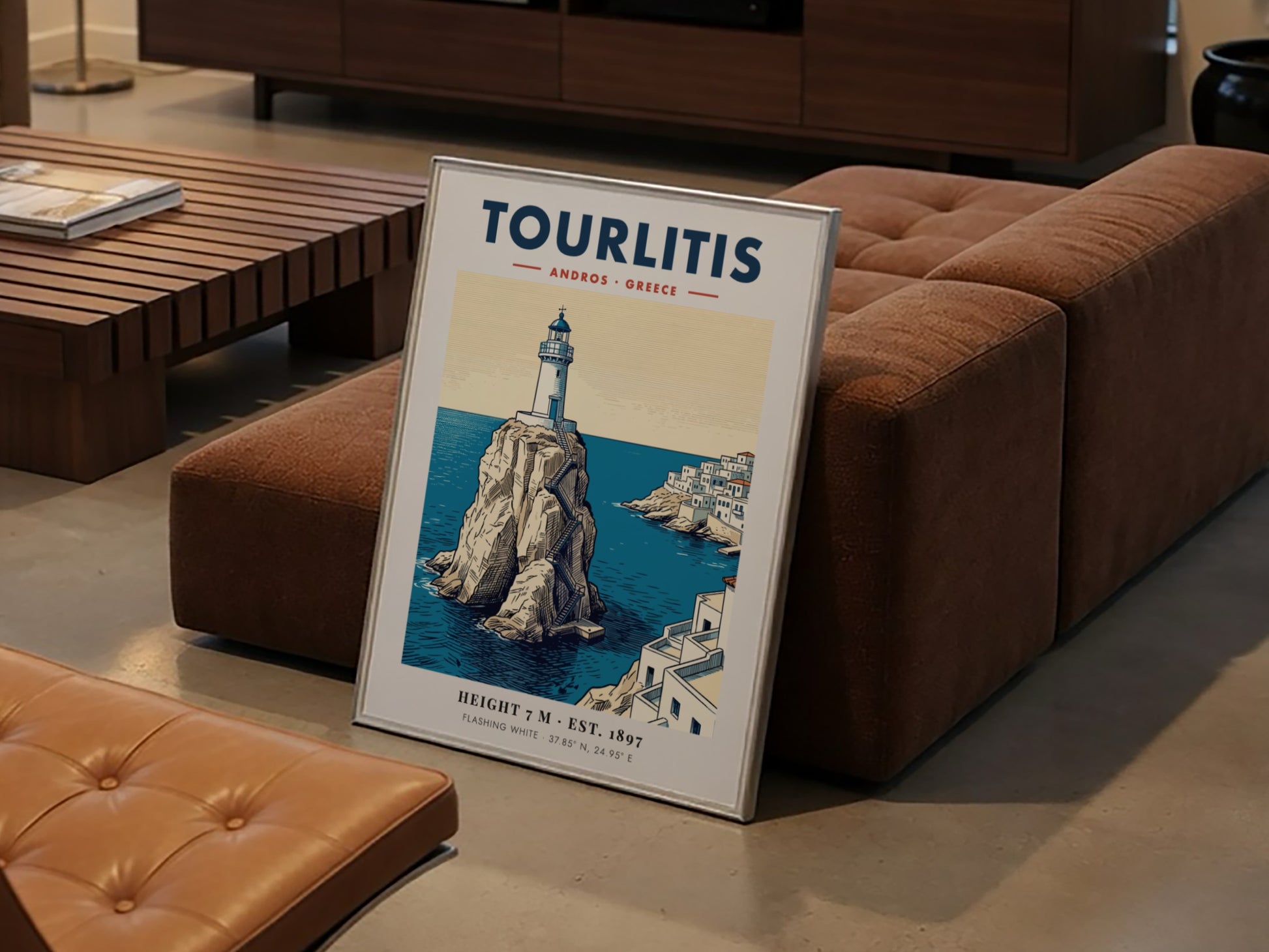 Poster of Tourlitis Lighthouse on a rocky outcrop in Andros Greece with buildings