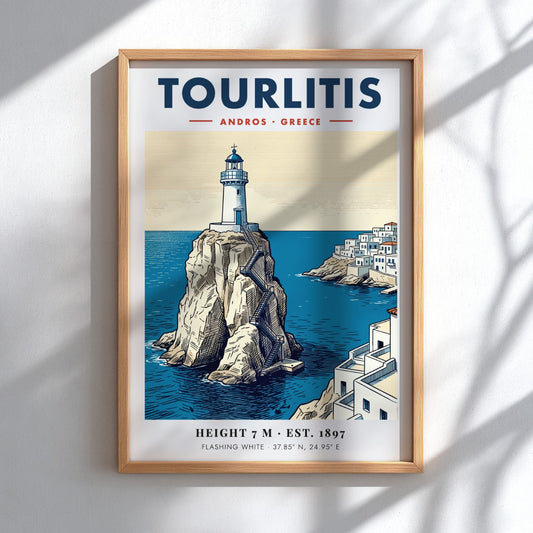 Poster of Tourlitis Lighthouse on a rocky outcrop in Andros Greece with buildings