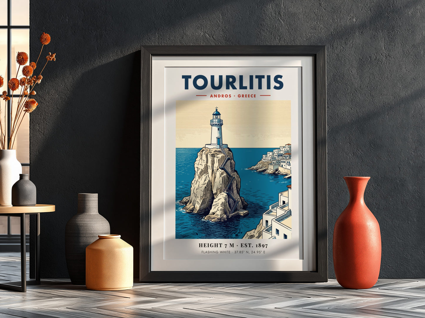 Poster of Tourlitis Lighthouse on a rocky outcrop in Andros Greece with buildings