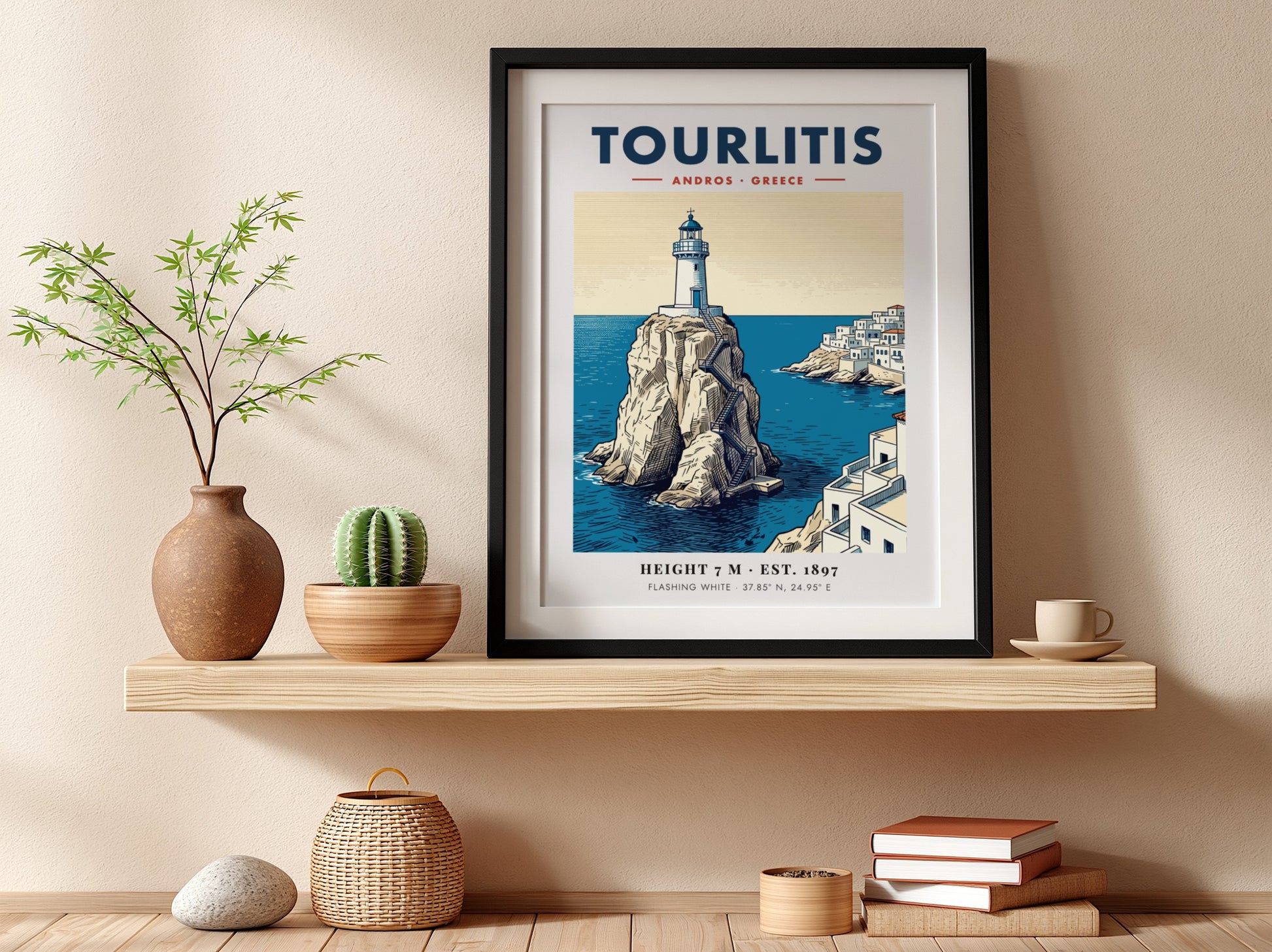 Poster of Tourlitis Lighthouse on a rocky outcrop in Andros Greece with buildings