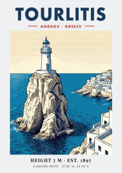 Poster of Tourlitis Lighthouse on a rocky outcrop in Andros Greece with buildings