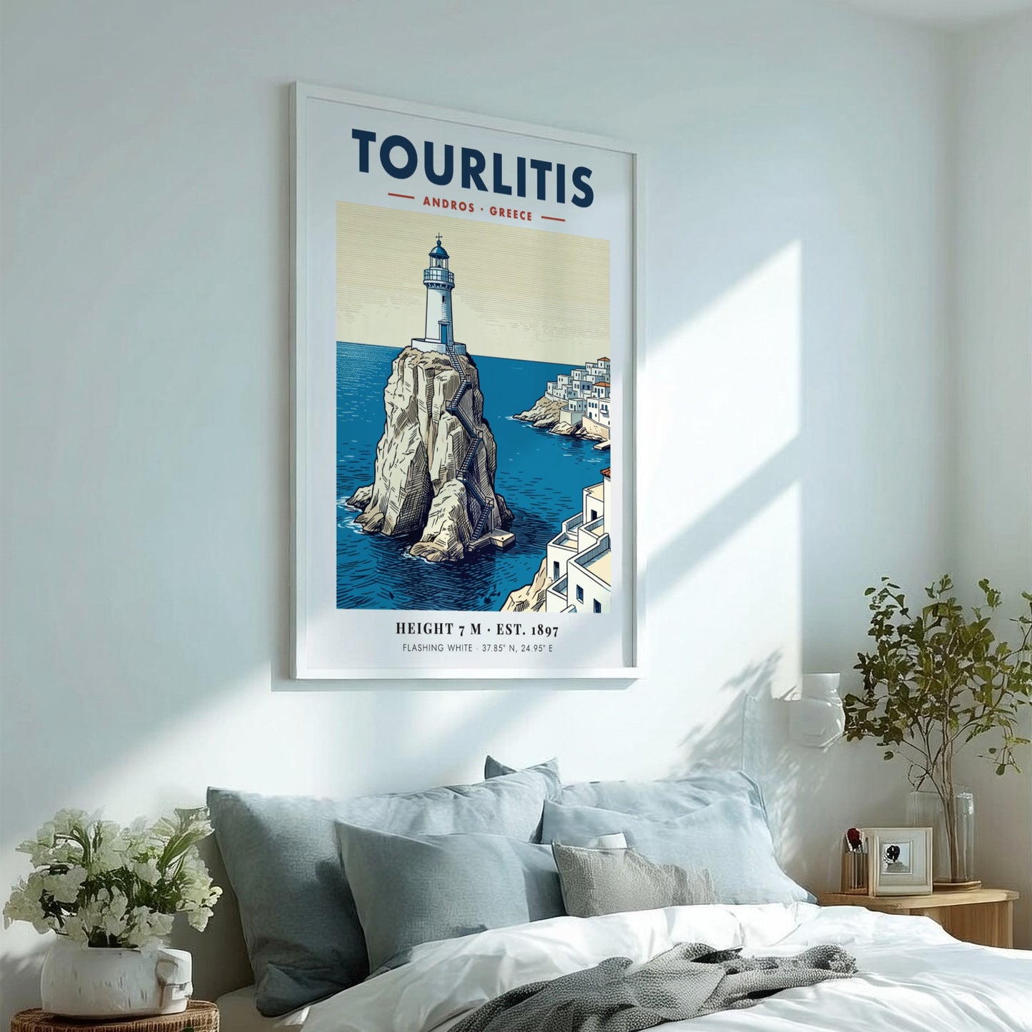 Poster of Tourlitis Lighthouse on a rocky outcrop in Andros Greece with buildings