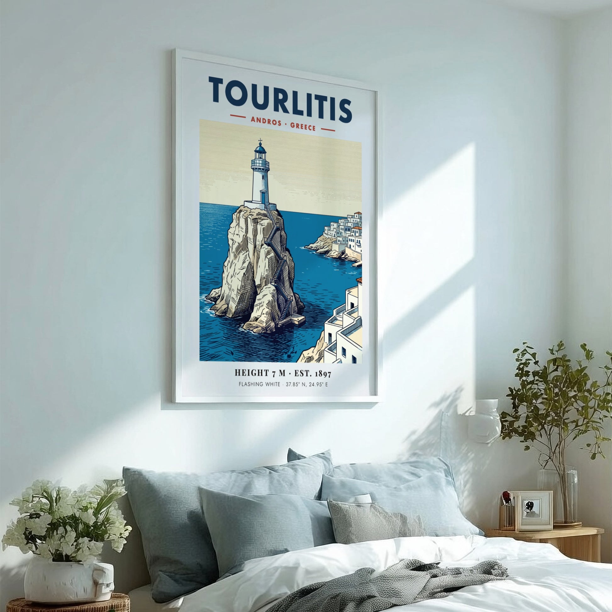 Poster of Tourlitis Lighthouse on a rocky outcrop in Andros Greece with buildings
