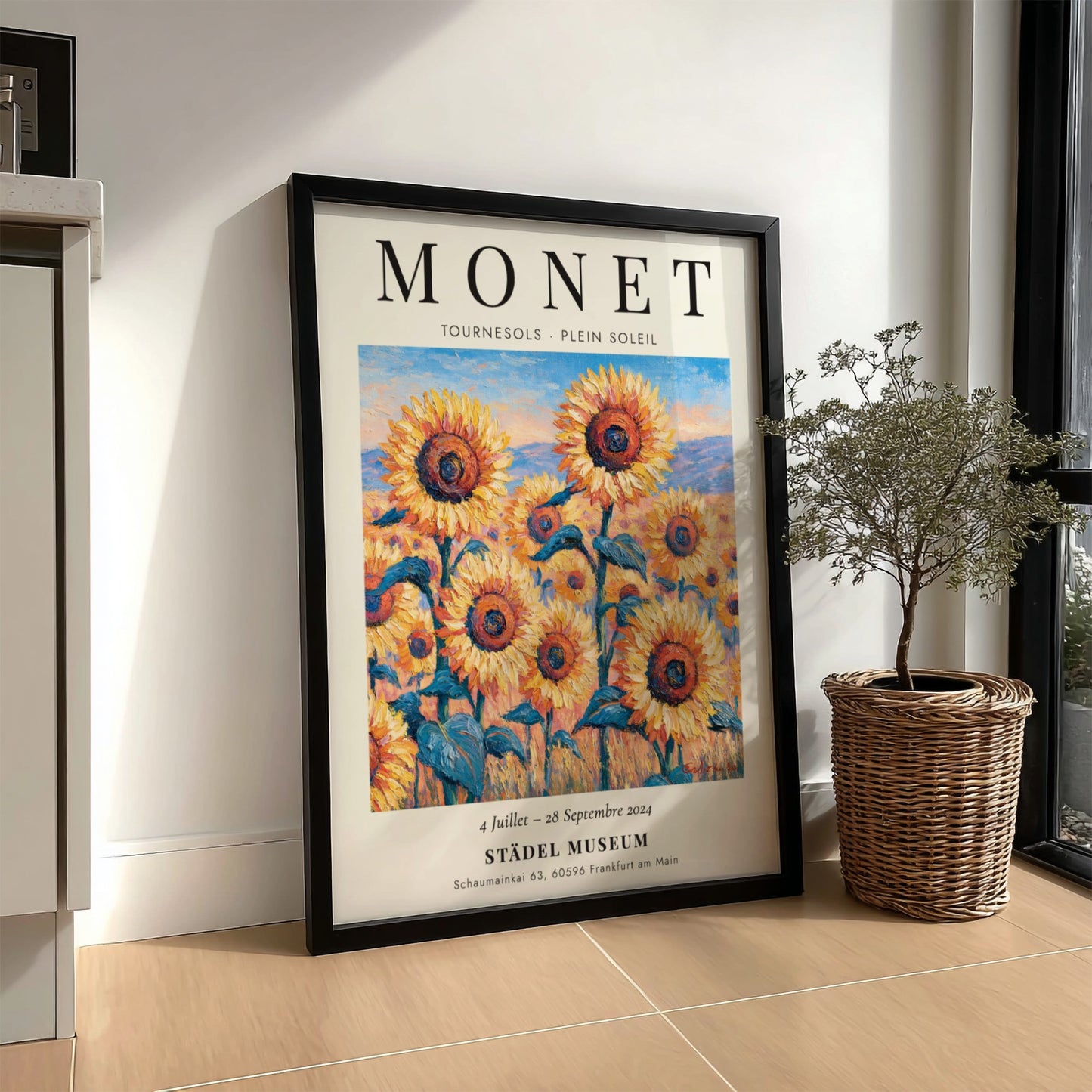 Monet inspired poster featuring vibrant sunflowers in yellow and green tones