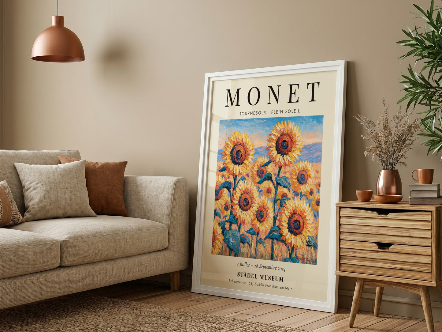 Monet inspired poster featuring vibrant sunflowers in yellow and green tones