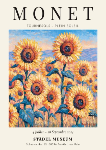 Monet inspired poster featuring vibrant sunflowers in yellow and green tones
