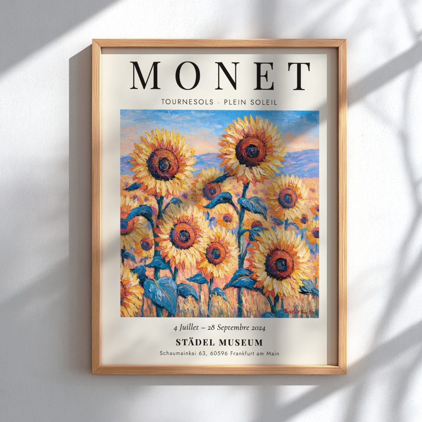 Monet inspired poster featuring vibrant sunflowers in yellow and green tones